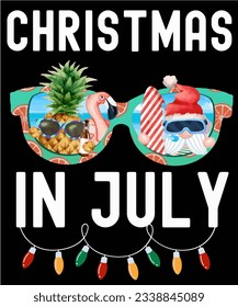 Funny sunglasses with Santa Claus, surfboard, pineapple and flamingo for summer sunshine feeling and the saying Christmas in July