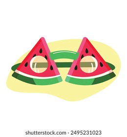Funny sunglasses in the shape of a piece of watermelon. Colorful poster with summer concept for International Watermelon Day, Vector illustration in flat cartoon style