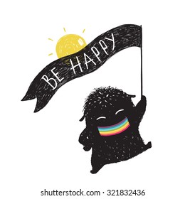 Funny Sunny Happy Cute Little Black Monster with Ribbon Flag. Sweet kids playful holiday fictional character picture rainbow smiling. Vector illustration.