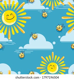 Funny suns. Pattern. Vector baby background. Sun, cloud and yellow ladybugs on blue sky background