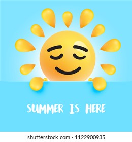 Funny sun-smile with the title " "summer is here", vector illustration