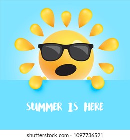 Funny sun-smiley with the title " "summer is here", vector illustration