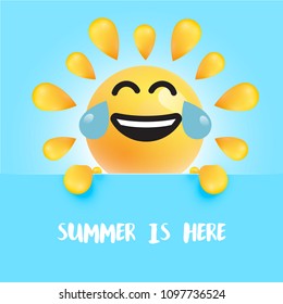 Funny sun-smiley with the title " "summer is here", vector illustration