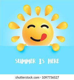 Funny sun-smiley with the title " "summer is here", vector illustration