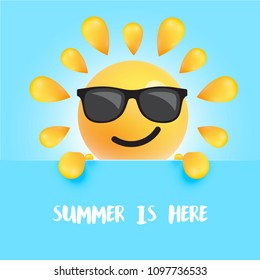Funny sun-smiley with the title " "summer is here", vector illustration