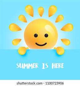 Funny sun-smiley with the title " "summer is here", vector illustration