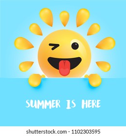 Funny sun-smiley with the title " "summer is here", vector illustration