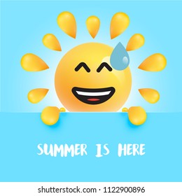 Funny sun-smiley with the title " "summer is here", vector illustration