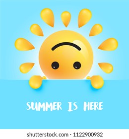Funny sun-smiley with the title " "summer is here", vector illustration