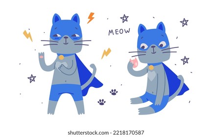 Funny super gato set. Cute gatito personaje animal de mascota en imagen vectorial de máscara azul y capa