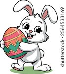 Funny and super cute easter bunny holding easter egg with happy smile vector art