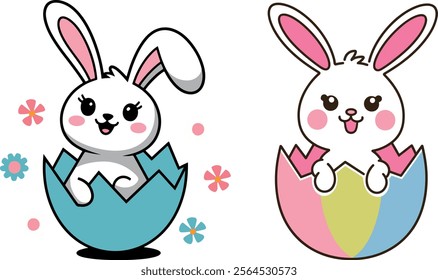 Funny and super cute easter bunny into easter eggs with happy smile vector art 