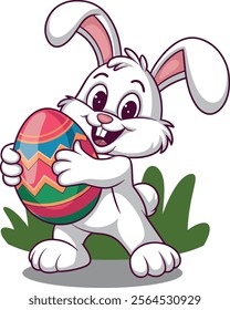 Funny and super cute easter bunny holding easter egg with happy smile vector art