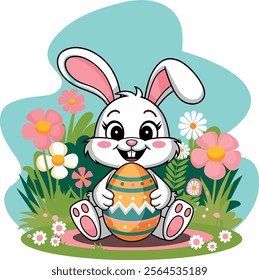 Funny and super cute easter bunny eggs and flowers with happy smile vector art