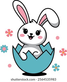 Funny and super cute easter bunny eggs and floral with happy smile vector art