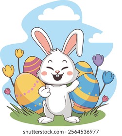 Funny and super cute easter bunny eggs and flowers with happy smile vector art