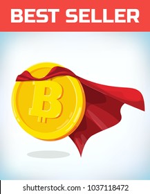 Funny super hero businessman flying Bitcoin. Miner bit coin digital currency cryptocurrency. Orange coin with bitcoin symbol isolated white background. Virtual money concept. 