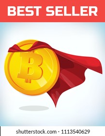 Funny super hero businessman flying Bitcoin. Miner bit coin digital currency cryptocurrency. Orange coin with bitcoin symbol isolated white background. Virtual money concept. 