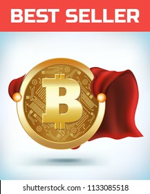 Funny super hero businessman flying Bitcoin. Miner bit coin digital currency cryptocurrency. Orange coin with bitcoin symbol isolated white background. Virtual money concept. 
