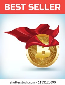 Funny super hero businessman flying Bitcoin. Miner bit coin digital currency cryptocurrency. Orange coin with bitcoin symbol isolated white background. Virtual money concept. 