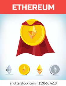 Funny super hero businessman flying ethereum. Miner bit coin digital currency cryptocurrency. Orange coin with ethereum symbol isolated white background. 