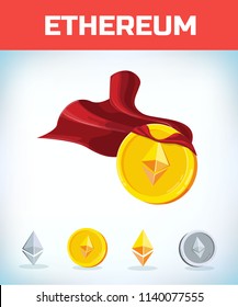Funny super hero businessman flying ethereum. Miner bit coin digital currency cryptocurrency. Orange coin with ethereum symbol isolated white background. Virtual money concept. 