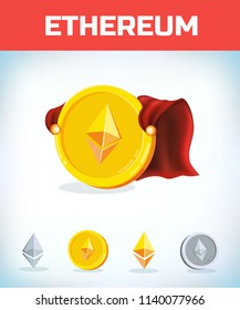 Funny super hero businessman flying ethereum. Miner bit coin digital currency cryptocurrency. Orange coin with ethereum symbol isolated white background. Virtual money concept. 