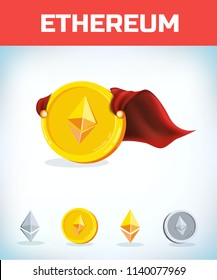 Funny super hero businessman flying ethereum. Miner bit coin digital currency cryptocurrency. Orange coin with ethereum symbol isolated white background. Virtual money concept. 
