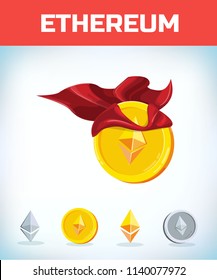 Funny super hero businessman flying ethereum. Miner bit coin digital currency cryptocurrency. Orange coin with ethereum symbol isolated white background. Virtual money concept. 