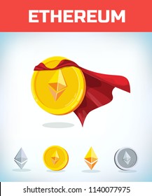 Funny super hero businessman flying ethereum. Miner bit coin digital currency cryptocurrency. Orange coin with ethereum symbol isolated white background. Virtual money concept. 