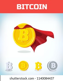 Funny super hero businessman flying Bitcoin. Miner bit coin digital currency cryptocurrency. Orange coin with bitcoin symbol isolated white background. Virtual money concept.
