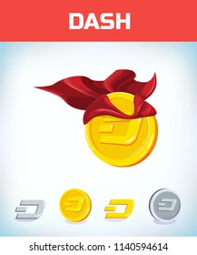 Funny super hero businessman flying dash. Miner bit coin digital currency cryptocurrency. Orange coin with dash symbol isolated white background. Virtual money concept. 