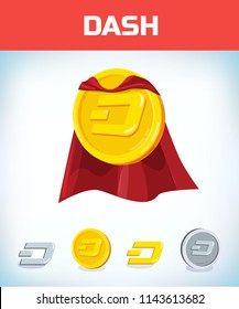 Funny super hero businessman flying dash. Miner bit coin digital currency cryptocurrency. Orange coin with dash symbol isolated white background. Virtual money concept. 