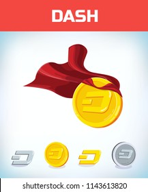 Funny super hero businessman flying dash. Miner bit coin digital currency cryptocurrency. Orange coin with dash symbol isolated white background. Virtual money concept.