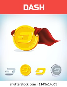 Funny super hero businessman flying dash. Miner bit coin digital currency cryptocurrency. Orange coin with dash symbol isolated white background. Virtual money concept. 