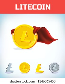 Funny super hero businessman flying litecoin. Miner bit coin digital currency cryptocurrency. Orange coin with litecoin symbol isolated white background. Virtual money concept. 