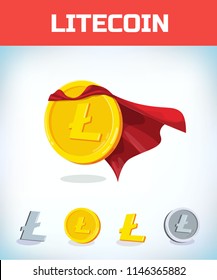 Funny super hero businessman flying litecoin. Miner bit coin digital currency cryptocurrency. Orange coin with litecoin symbol isolated white background. Virtual money concept. 