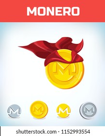 Funny super hero businessman flying monero. Miner bit coin digital currency cryptocurrency. Orange coin with monero symbol isolated white background. Virtual money concept. 