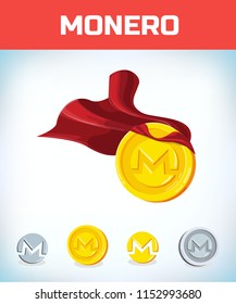 Funny super hero businessman flying monero. Miner bit coin digital currency cryptocurrency. Orange coin with monero symbol isolated white background. Virtual money concept. 