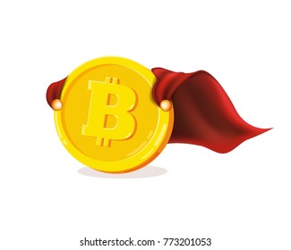 Funny super hero businessman flying Bitcoin. Miner bit coin digital currency cryptocurrency. Orange coin with bitcoin symbol isolated white background. Vector illustration flat style design