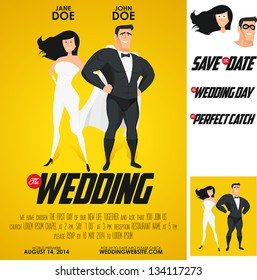 Funny super hero movie poster wedding invitation. No transparency, no gradient mesh.