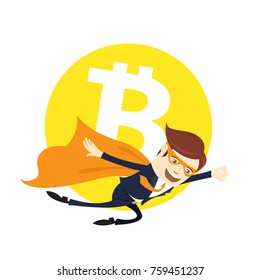 Funny super hero superman businessman flying Bitcoin. Miner bit coin digital currency cryptocurrency. Orange coin with bitcoin symbol isolated white background. Vector illustration flat style design