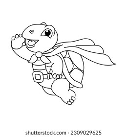 Funny super turtle cartoon vector coloring page