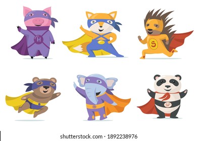 Funny superhero animals flat set for web design. Cartoon pig, fox, bear, elephant, panda and hedgehog in capes isolated vector illustration collection. Zoo heroes and mascots for kids concept