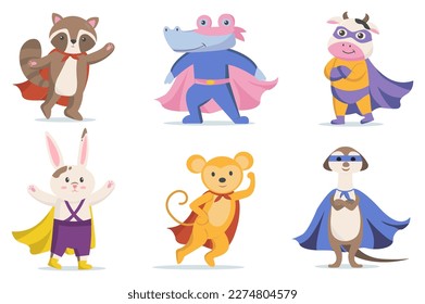 Funny superhero animals icon set concept in the flat cartoon style. Image of various animals in superhero costumes. Vector illustration.