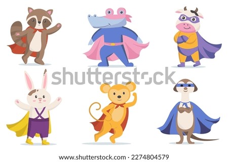 Funny superhero animals icon set concept in the flat cartoon style. Image of various animals in superhero costumes. Vector illustration.