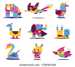 Funny superhero animals and pets vector cartoon characters set isolated on a white background.