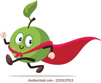 
Funny Superhero Apple Running Vector Cartoon Mascot. Cute, adorable character replacement for sweet sugary desserts
