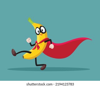 
Funny Superhero Banana Running Vector Cartoon mascot. Tropical fruit wearing a red cape and a mask for being a super-food hero
