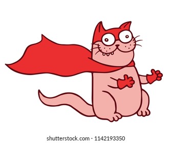 Funny superhero cat puts on the likes. It was wonderful. Vector Illustration. Cute cartoon pet.